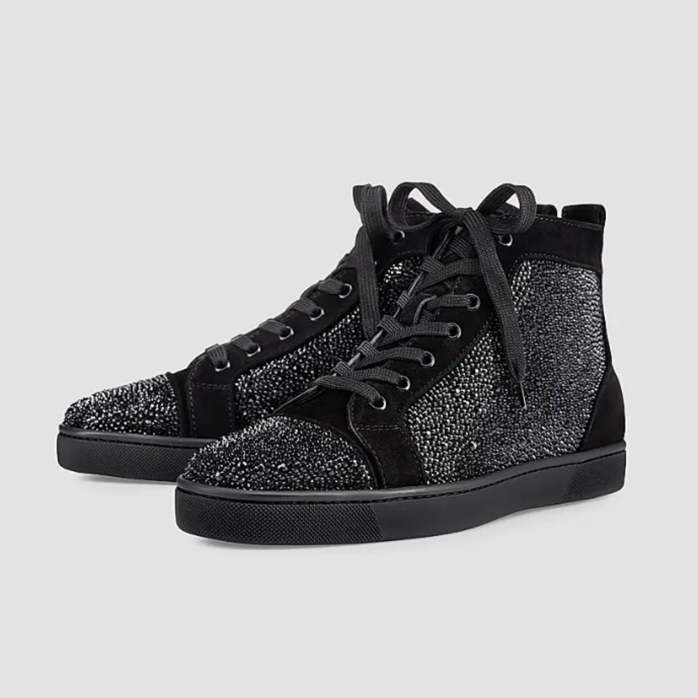 $2995 Christian Louboutin Louis Flat Veau Black Glitter High Top Sneakers Sz 6.5